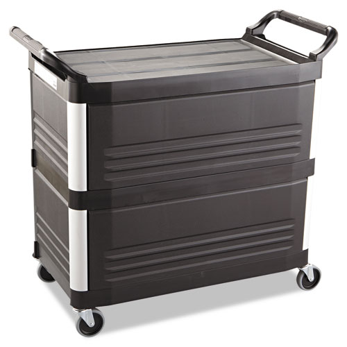 Image of Rubbermaid® Commercial Xtra Utility Cart With Enclosed Sides And Back, Plastic, 3 Shelves, 300 Lb Capacity, 20" X 40.63" X 37.8", Black