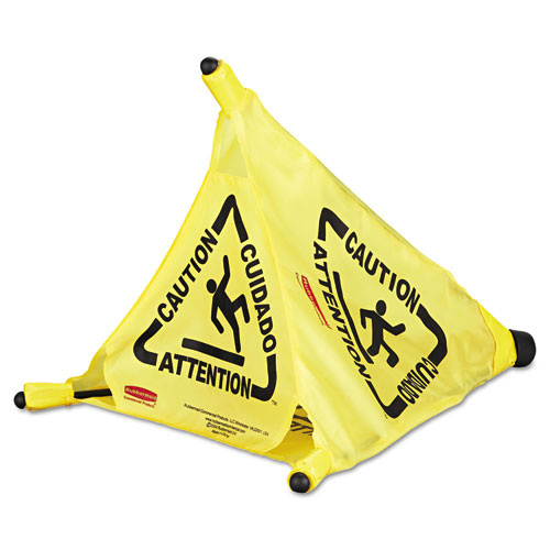 Image of Rubbermaid® Commercial Multilingual Pop-Up Safety Cone, 3-Sided, Fabric, 21 X 21 X 20, Yellow