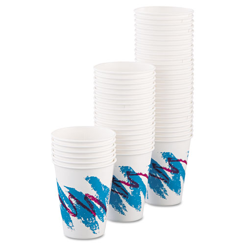 Image of Jazz Paper Hot Cups, 8 oz, White/Green/Purple, 50/Bag, 20 Bags/Carton