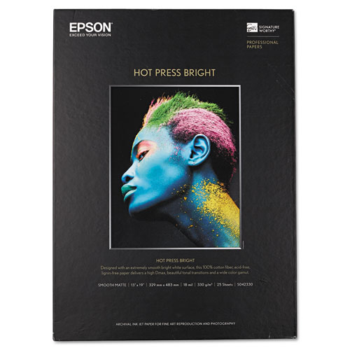 Epson® Hot Press Bright Fine Art Paper, 17 mil, 13 x 19, Smooth Matte White, 25/Pack