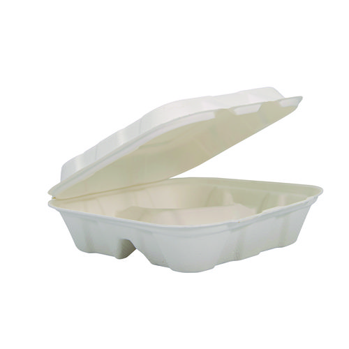 Compostable Fiber Hinged Trays, ProPlanet Seal, 3-Compartment, 8.03 x 8.4 x 1.93, Ivory, Molded Fiber, 200/Carton