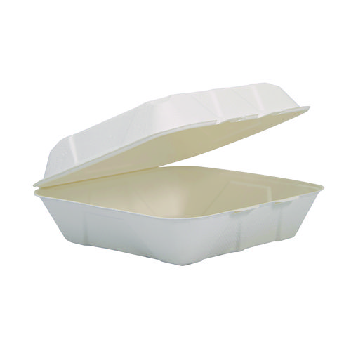 Compostable Fiber Hinged Trays, ProPlanet Seal, 8.98 x 9.35 x 2.17, Ivory, Molded Fiber, 200/Carton