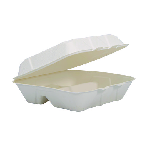 Image of Compostable Fiber Hinged Trays, ProPlanet Seal, 3-Compartment, 9.25 x 9.45 x 2.17, Ivory, Molded Fiber, 200/Carton