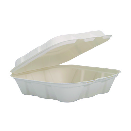 Compostable Fiber Hinged Trays, ProPlanet Seal, 8.03 x 8.38 x 1.93, Ivory, Molded Fiber, 200/Carton