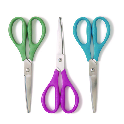 Image of U-Eco Scissors, Concave Tip, 9.45" Long, 3" Cut Length, Assorted Straight Handle, 3/Pack