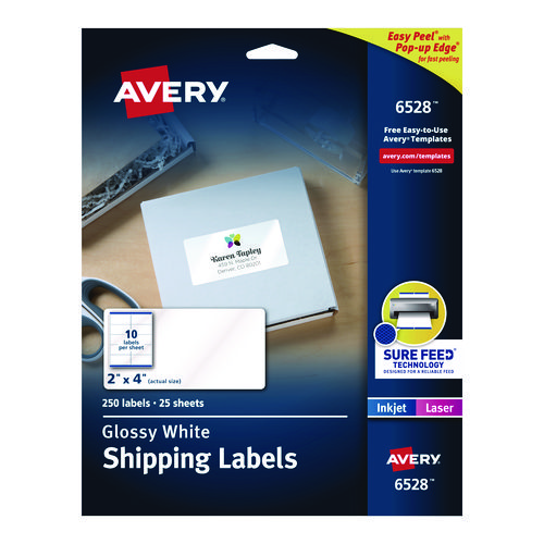 Image of Avery® Glossy White Easy Peel Mailing Labels W/ Sure Feed Technology, Laser Printers, 2 X 4, White, 10/Sheet, 25 Sheets/Pack