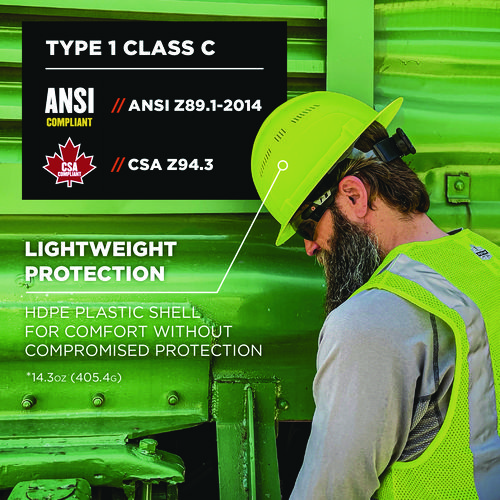 Image of Skullerz 8968 Class C Lightweight Full Brim Hard Hat, Adjustable Venting, 6-Point Rachet Suspension, Lime