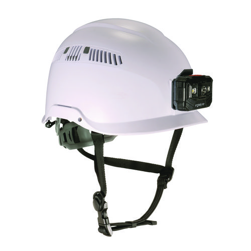 Class C Safety Helmet with LED Light and Adjustable Venting, 6-Point Rachet Suspension, White, Ships in 1-3 Business Days