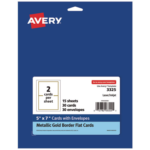 Avery® Invitation Cards with Metallic Border, Inkjet/Laser, 80 lb, 5 x 7, Matte White, 2 Cards/Sheet, 15 Sheets/Pack