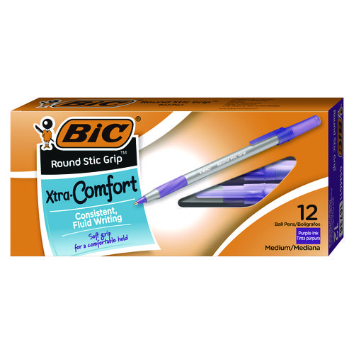 Image of Round Stic Grip Xtra Comfort Ballpoint Pen, Easy-Glide, Stick, Medium 1.2 mm, Purple Ink, Gray/Purple Barrel, Dozen