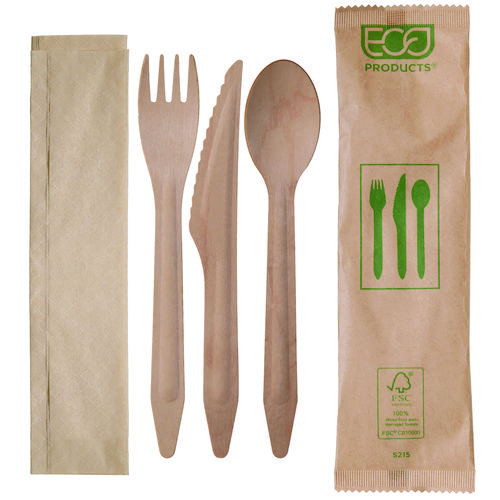 Image of Wood Cutlery, Fork/Knife/Spoon/Napkin, Natural, 500/Carton