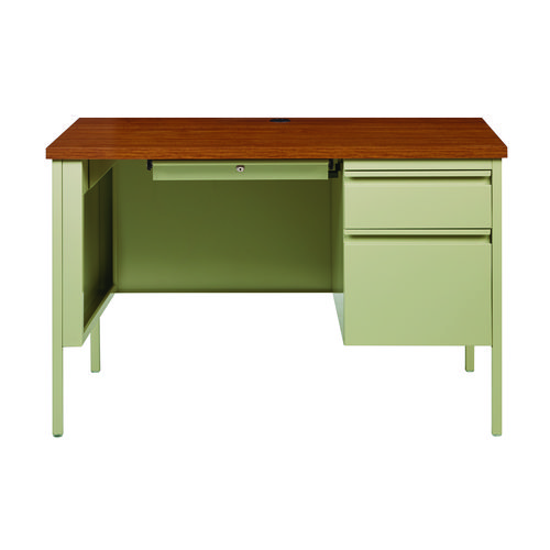 Image of Single Pedestal Steel Desk, 45" x 24" x 29.5", Cherry/Putty