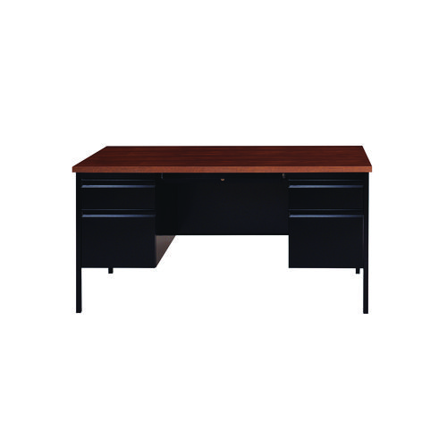 Alera® Double Pedestal Steel Desk, 60" x 30" x 29.5", Cherry/Putty, Chrome-Plated Legs
