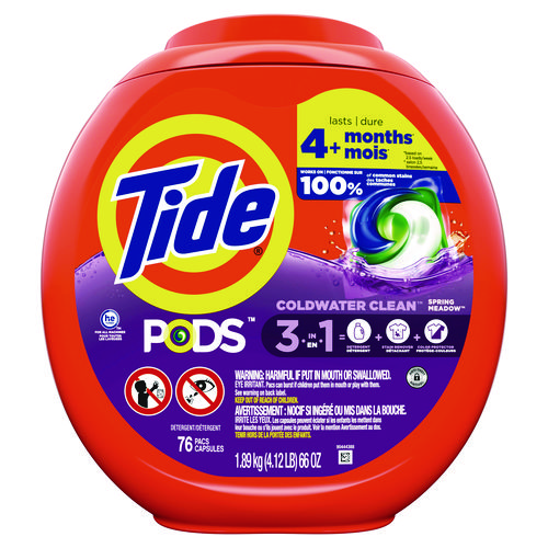 PODS Laundry Detergent, Spring Meadow, 66 oz Tub, 76 Pacs/Tub, 4 Tubs/Carton