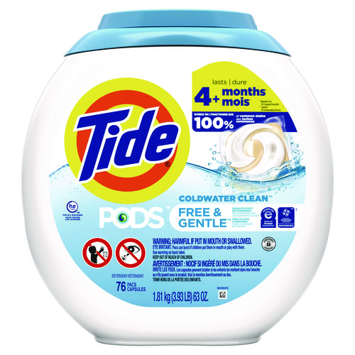 Image of PODS Laundry Detergent, Free and Gentle, 63 oz Tub, 76 Pacs/Tub, 4 Tubs/Carton