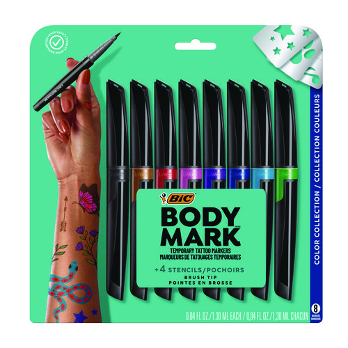 BodyMark Temporary Tattoo Markers, Fine Brush Tip, Assorted Colors, 8/Pack