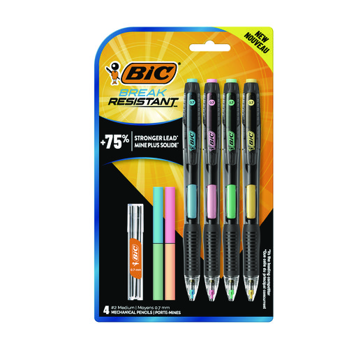 Break-Resistant Mechanical Pencils with Erasers, 0.7 mm, HB (#2), Black Lead, Assorted Barrel Colors, 4/Pack