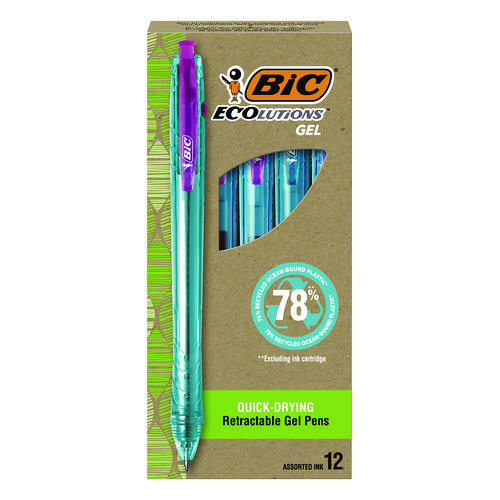 Ecolutions Gel Pen, Retractable, Medium 1 mm, Assorted Ink, Blue Barrel, 12/Pack