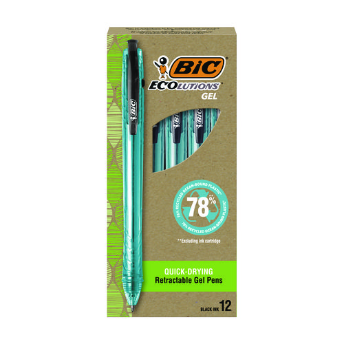 Ecolutions Gel Pen, Retractable, Medium 1 mm, Black Ink, Blue Barrel, 12/Pack
