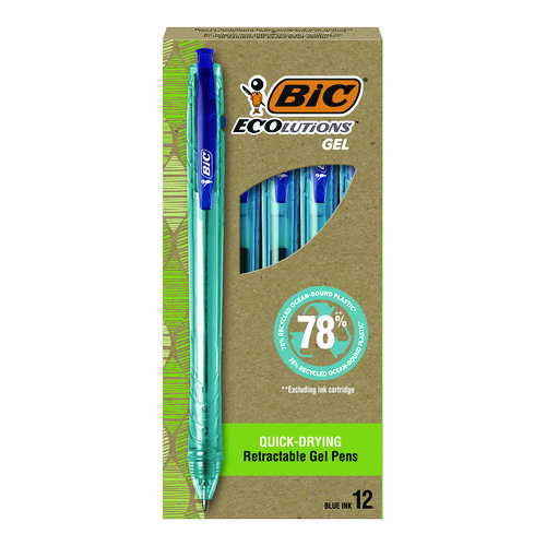 Ecolutions Gel Pen, Retractable, Medium 1 mm, Blue Ink, Blue Barrel, 12/Pack