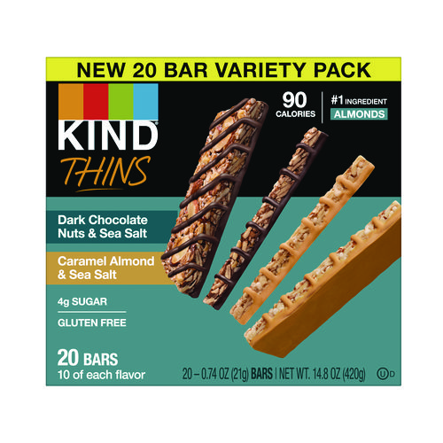 Thins Bar Variety Pack, Caramel Almond & Sea Salt; Dark Chocolate Nuts & Sea Salt, 0.74 oz, 20/Box