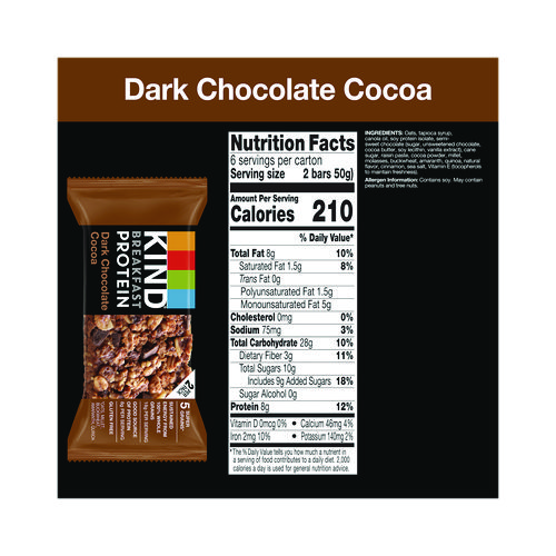 Breakfast Protein Bars, Dark Chocolate Cocoa, 1.76 oz Two-Bar Packs, 6/Box