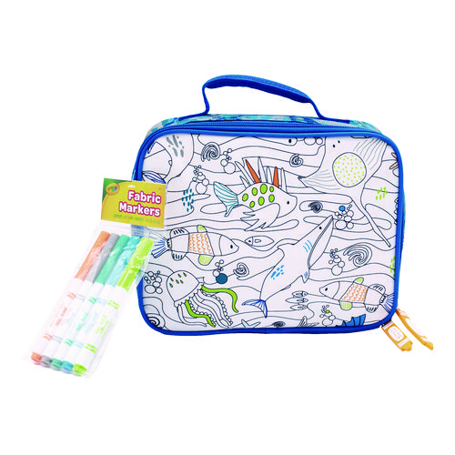 Color-Your-Own Lunch Bag with Marker Set, Oceanfront, 9.5 x 3.5 x 7.5, Blue Camo