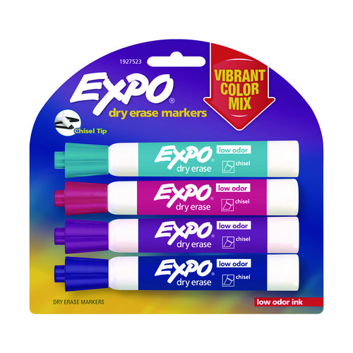Low-Odor Dry Erase Marker, Broad Chisel Tip, Assorted Colors, 4/Pack