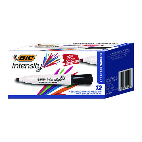 Intensity Low Odor Chisel Tip Dry Erase Marker, Broad Chisel Tip, Assorted Colors, Dozen