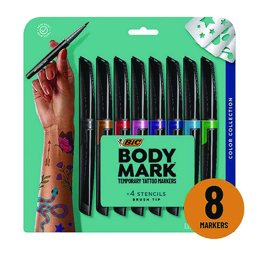 BodyMark Temporary Tattoo Markers, Fine Brush Tip, Assorted Colors, 8/Pack