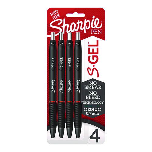Image of S-Gel Gel Pen, Retractable, Medium 0.7 mm, Red Ink, Black Barrel, 4/Pack