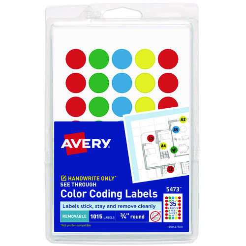 Avery® Handwrite-Only Self-Adhesive "See Through" Removable Round Color Dots, 0.25" dia, Assorted, 216/Sheet, 4 Sheets/Pack, (5796)