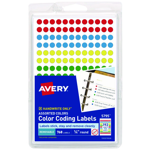 Image of Avery® Handwrite Only Self-Adhesive Removable Round Color-Coding Labels, 0.25" Dia, Assorted, 192/Sheet, 4 Sheets/Pack, (5795)