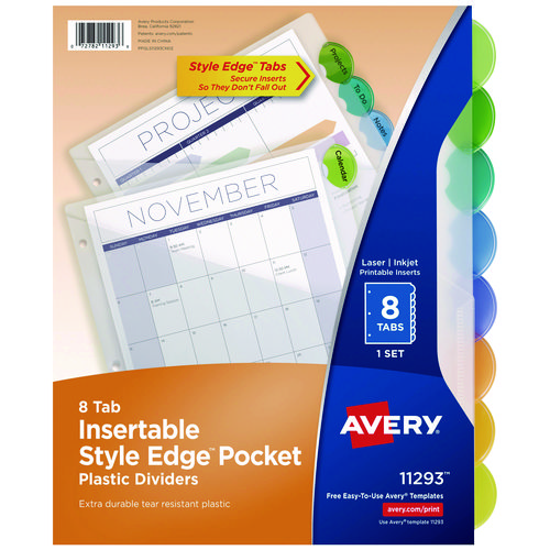 Avery® Insertable Style Edge Tab Plastic 1-Pocket Dividers, 8-Tab, 11.25 X 9.25, Translucent, 1 Set
