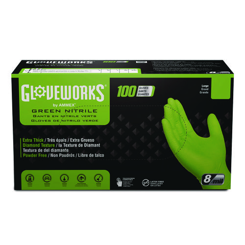 Image of Heavy-Duty Industrial Nitrile Gloves, Powder-Free, 8 mil, Medium, Green, 100 Gloves/Box, 10 Boxes/Carton