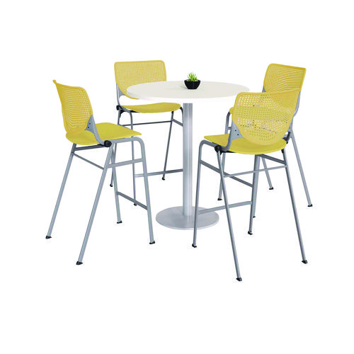 Image of Pedestal Bistro Table with Four Yellow Kool Series Barstools, Round, 36"Dia x 41h, Designer White, Ships in 4-6 Business Days