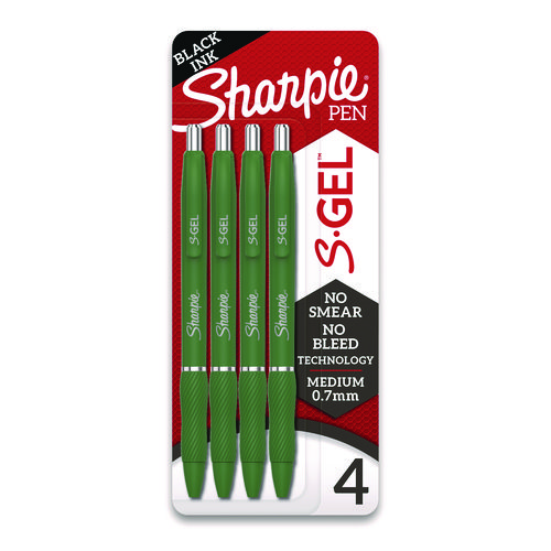 S-Gel Fashion Barrel Gel Pen, Retractable, Medium 0.7 mm, Black Ink, Green Barrel, 4/Pack