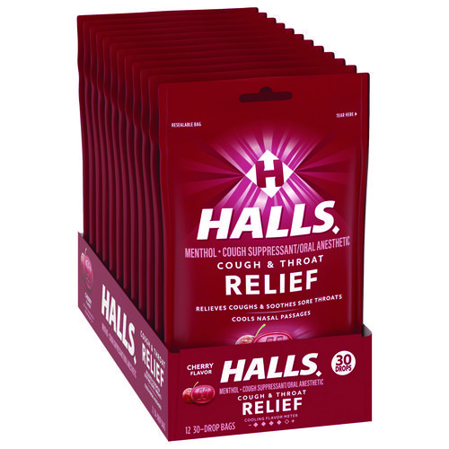 Image of Halls Triple Action Cough Drops, Cherry, 30/Bag, 12 Bags/Box