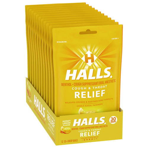 Image of Halls Triple Action Cough Drops, Honey-Lemon, 30/Bag, 12 Bags/Box
