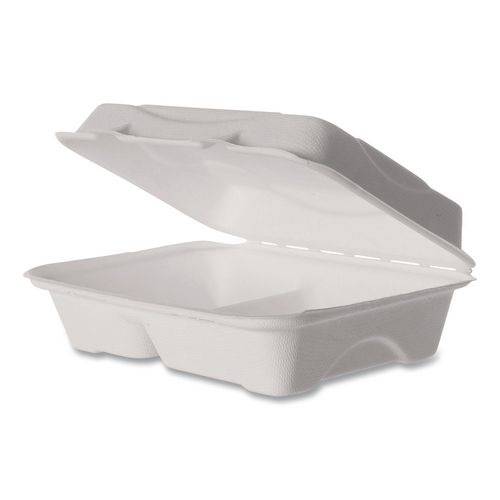 Vanguard Renewable and Compostable Sugarcane Clamshells, 3 Compartments, 9 x 6 x 3, White, 250/Carton