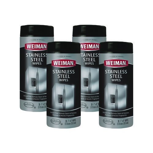 WEIMAN® Stainless Steel Wipes, 1-Ply, 7 x 8, White, 30/Canister, 4 Canisters/Carton