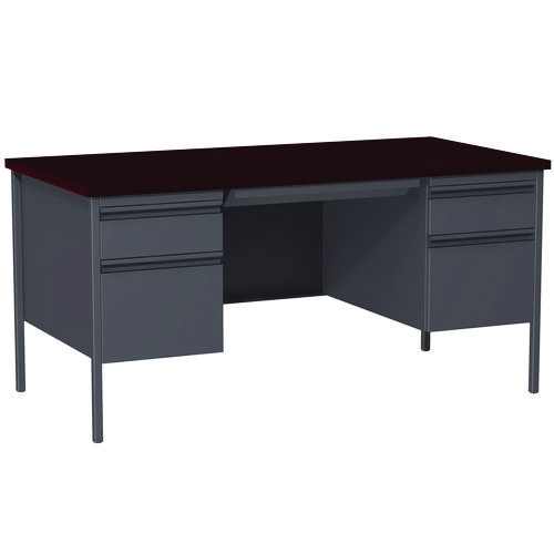 Double Pedestal Steel Desk, 60" x 30" x 29.5", Mahogany/Charcoal, Charcoal Legs