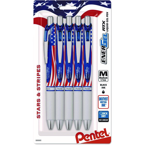 Image of Pentel® Energel Rtx Gel Pen, Retractable, Medium 0.7 Mm, Black Ink, Red/White/Blue Barrel, 5/Pack