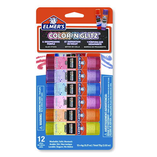 Glitter Glue Sticks, Applies Assorted Colors, 0.21 oz, Dries Clear Glitter, 12/Pack