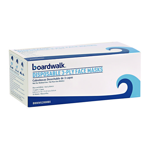 Image of Boardwalk® Three-Ply General Use Face Mask, Blue, 50/Box