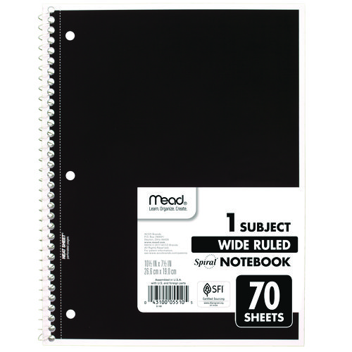 Image of Spiral Notebook, 1-Subject, Wide/Legal Rule, Randomly Assorted Cover Color, (70) 8 x 10.5 Sheets, 4/Pack