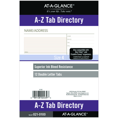 Image of Telephone/Address 1/12-Cut A-Z Tab Refill for Planners/Organizers, 8.5 x 5.5, White Sheets, Undated