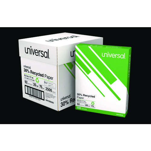 Universal® 30% Recycled Copy Paper, 92 Bright, 20 Lb Bond Weight, 8.5 X 11, White, 500 Sheets/Ream, 5 Reams/Carton