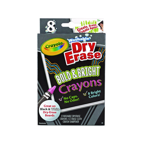 Washable Dry Erase Crayons w/E-Z Erase Cloth, Assorted Bright Colors, 8/Box