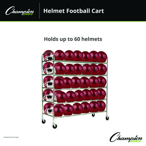 60 Helmet Football Cart, Five Shelves, Metal, 176 lb Capacity, 24" x 61" x 65", Chrome